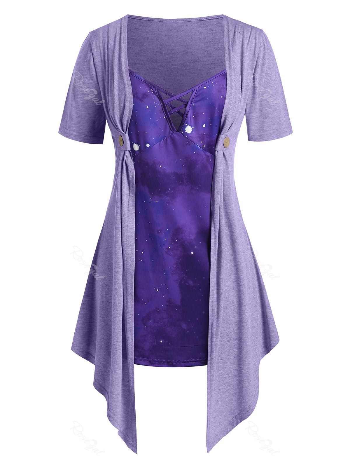 

Plus Size Galaxy Draped Crisscross Short Sleeve Tee, Lilac