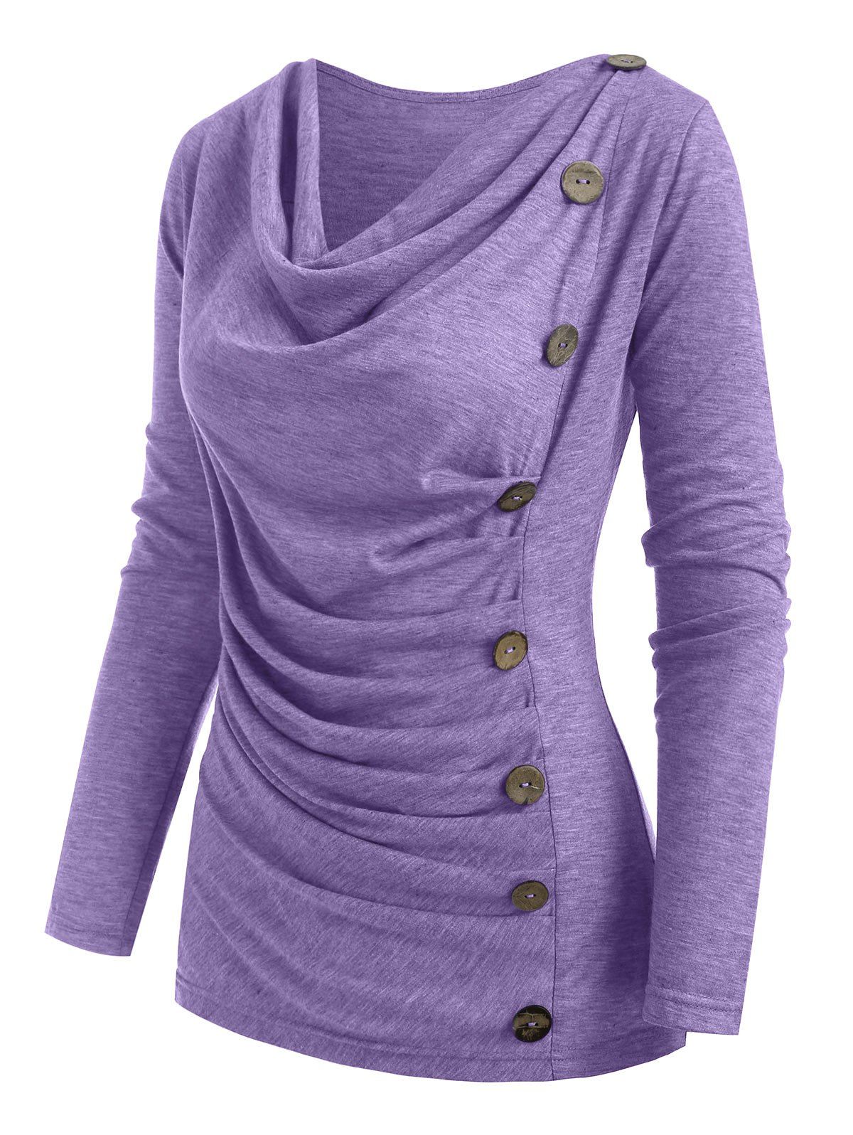 

Cowl Neck Heather Mock Button T-shirt, Light purple