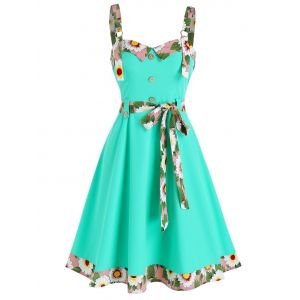 

Sleeveless Floral Trim Mock Button Knotted Dress, Light green