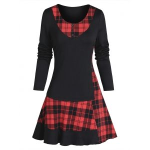 

Plaid Print Casual Faux Twinset Dress, Black