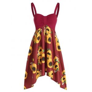 

Asymmetric Sunflower Ruched Casual Dress, Deep red