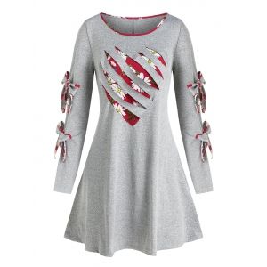 

Long Sleeve Bowknot Detail Daisy Print Ripped Dress, Light gray