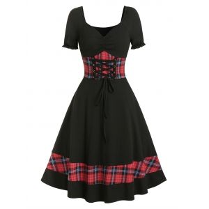 

Plaid Panel Cinched Ruched Bust Rockabilly Dress, Black