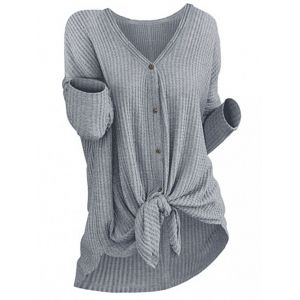 

Casual Knitted Button Knot Top, Gray cloud