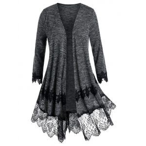 

Plus Size Lace Panel Embroidery Cardigan, Black