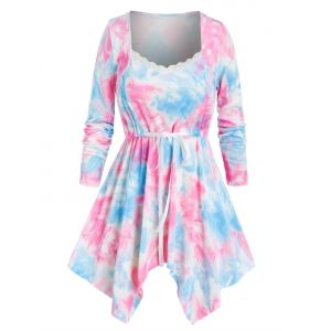 

Plus Size Tie Dye Hanky Hem Drawstring Lace Panel Tee, Sea blue