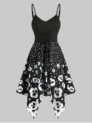 Halloween Skull Spotty High Waist Asymmetrical Cami Dress