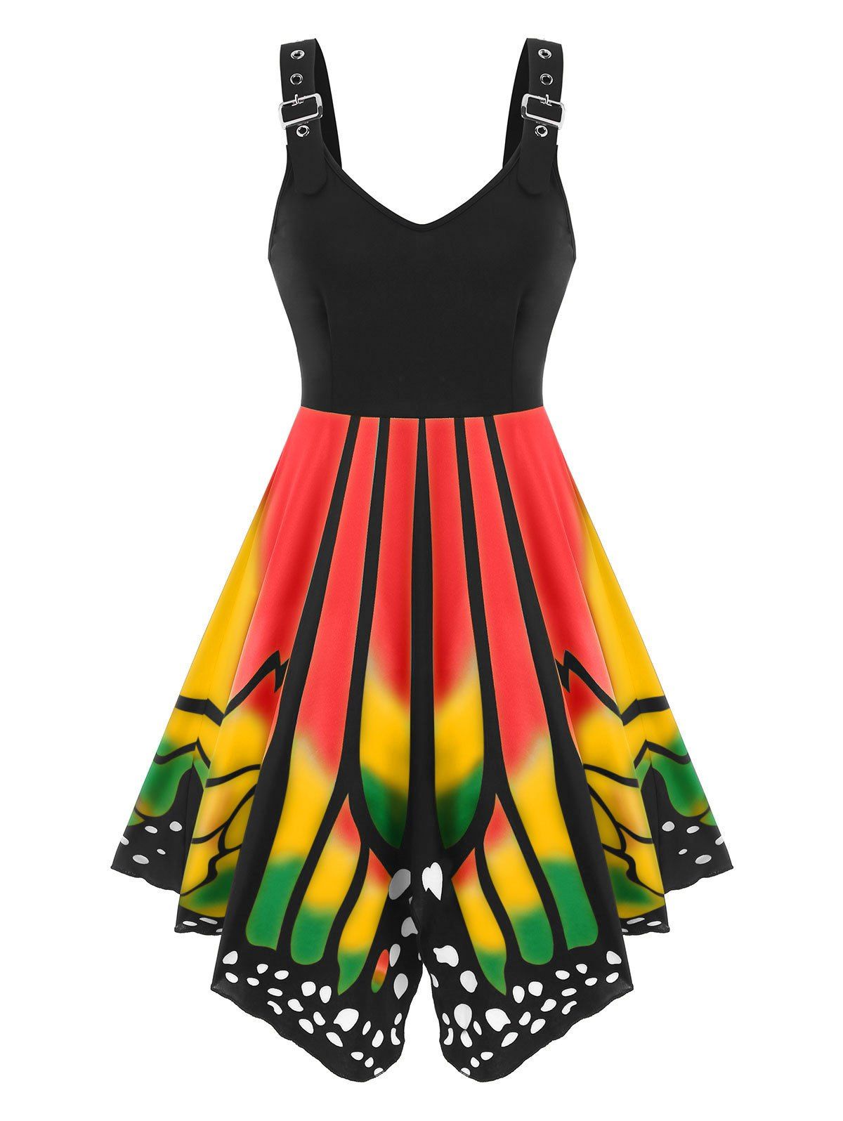 

Buckled Lace-up Butterfly Print Sleeveless Dress, Red