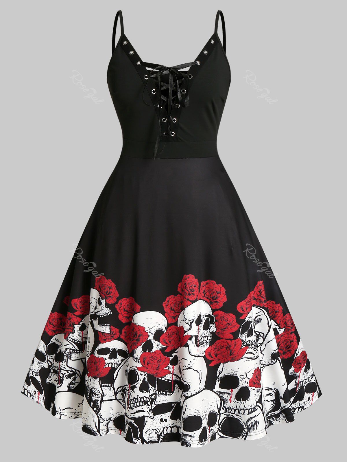

Plus Size Halloween Grommet Lace-up Flower Skull Midi Dress, Black