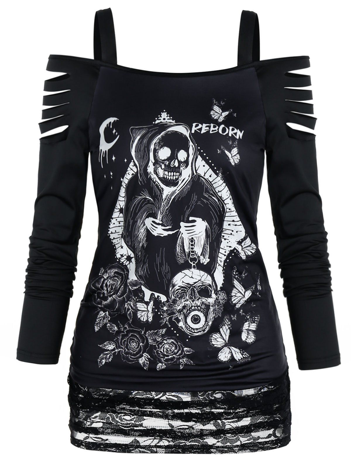 

Gothic Skull Print Cold Shoulder Lace Panel Top, Black