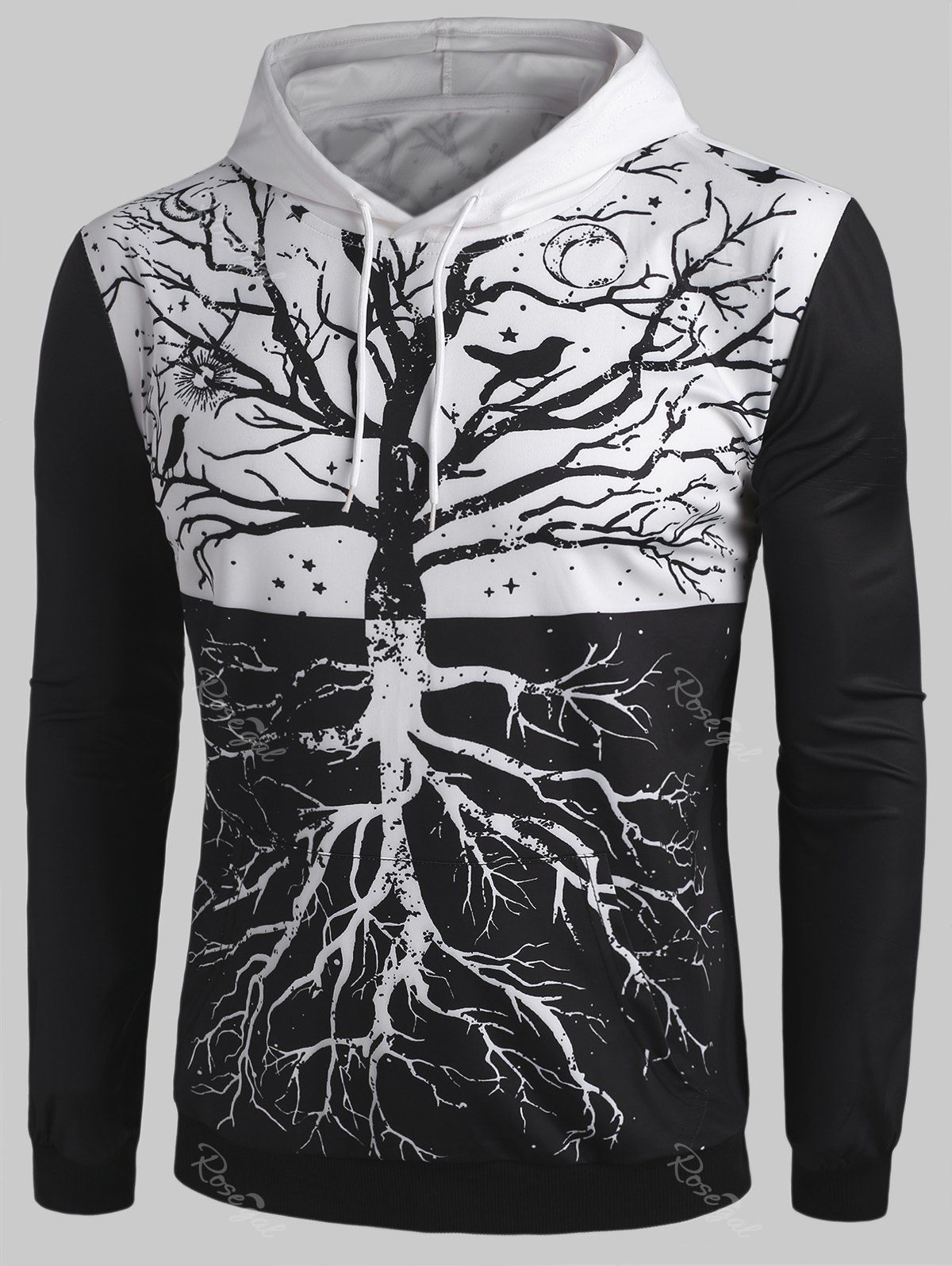 

Reflective Tree Sun and Moon Print Two Tone Hoodie, Black