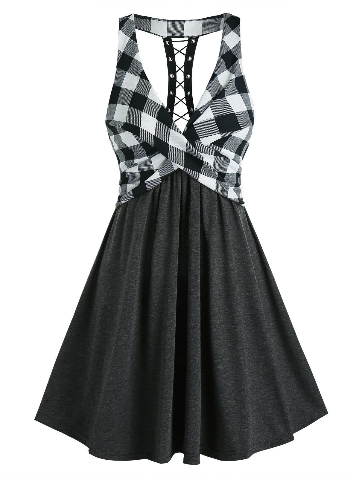 

Plaid Patchwork Front Cross A Line Dress, Black