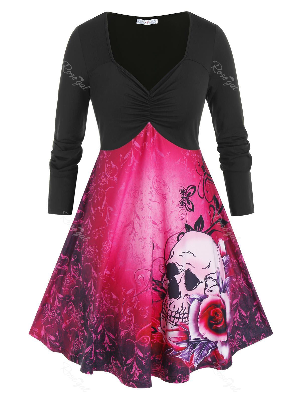 Plus Size Skull Floral Print Halloween Dress [27 OFF] Rosegal