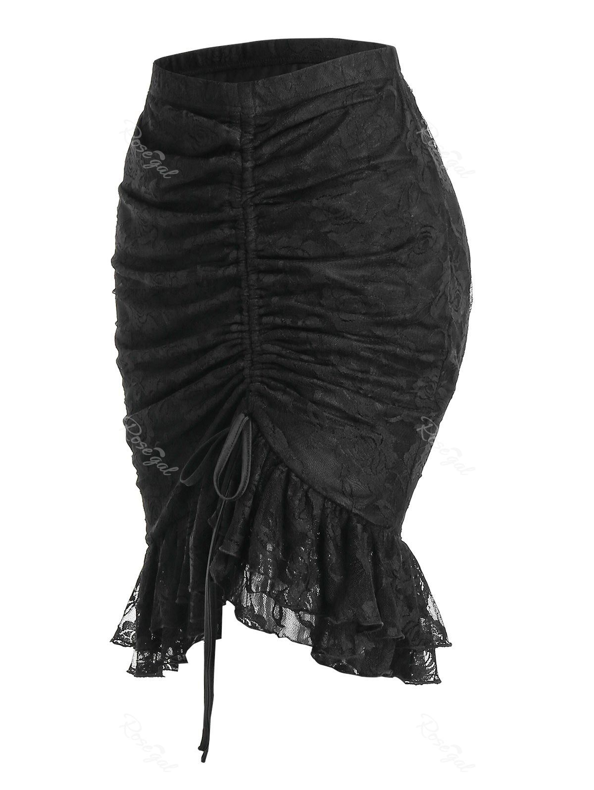 

Plus Size Lace Ruffle Cinched Asymmetric Skirt, Black