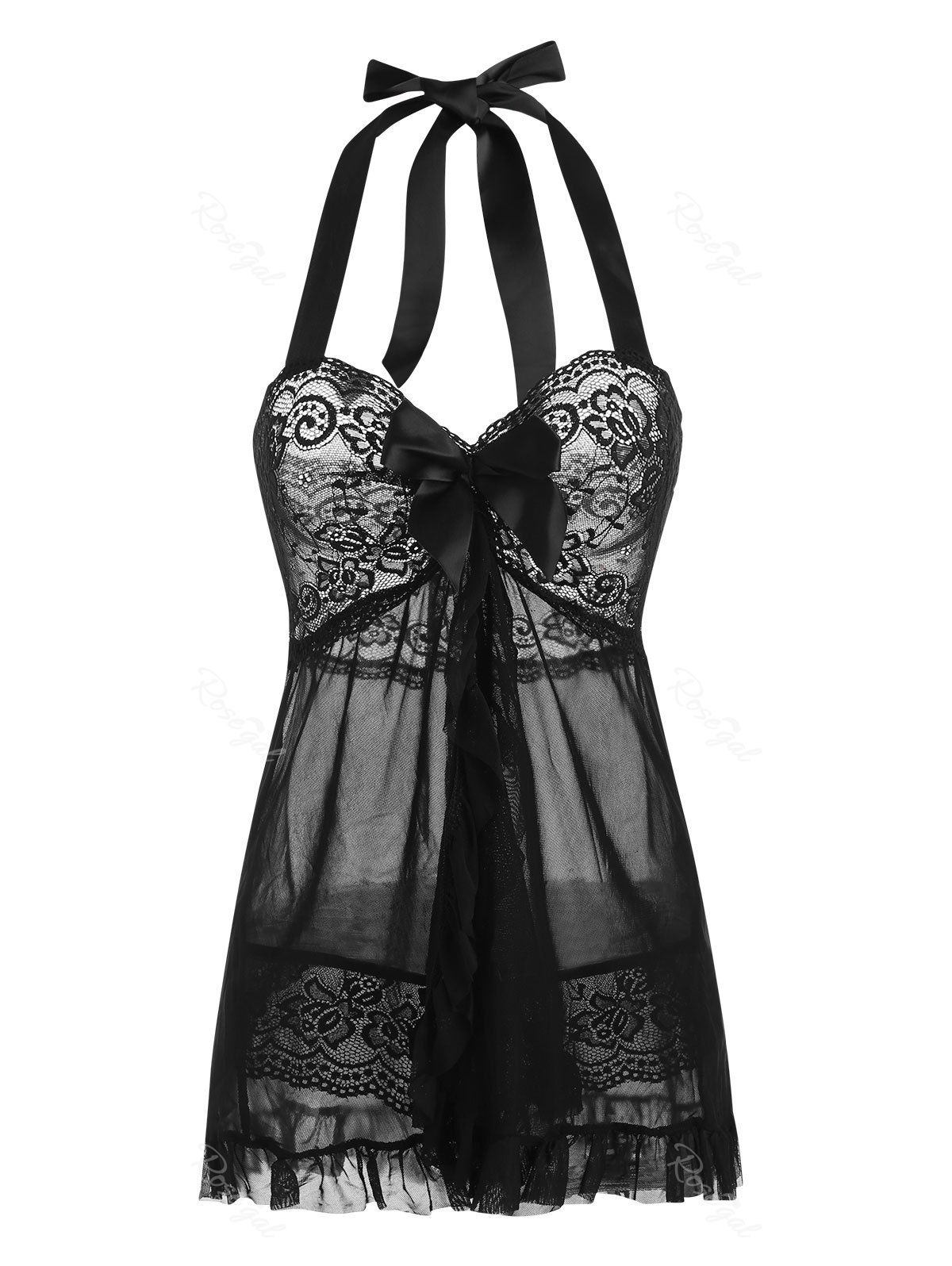 

Plus Size Lace and Mesh Flyaway Ruffle Babydoll Set, Black
