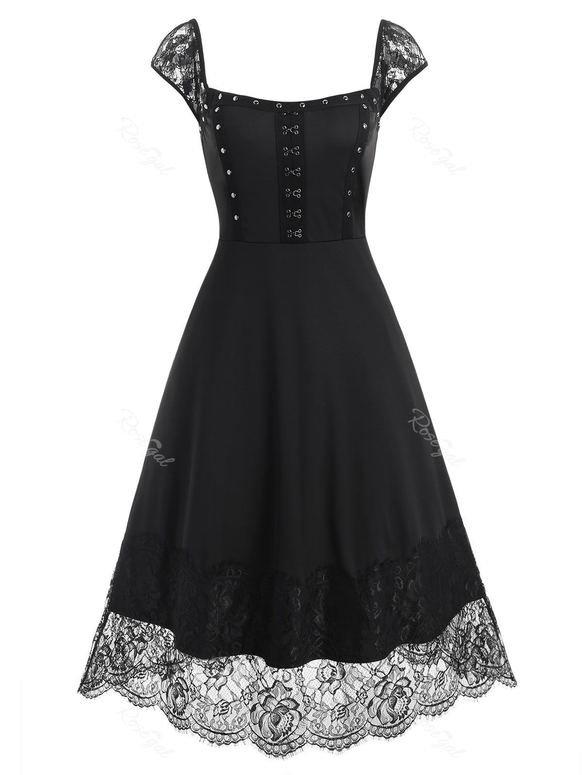 

Lace Panel Hook and Eye Rivets Midi Dress, Black