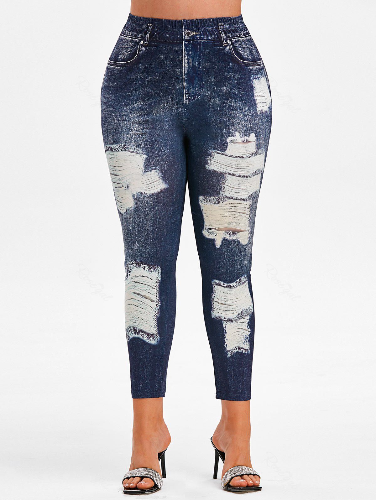 

Plus Size High Rise 3D Ripped Jean Print Ninth Jeggings, Deep blue