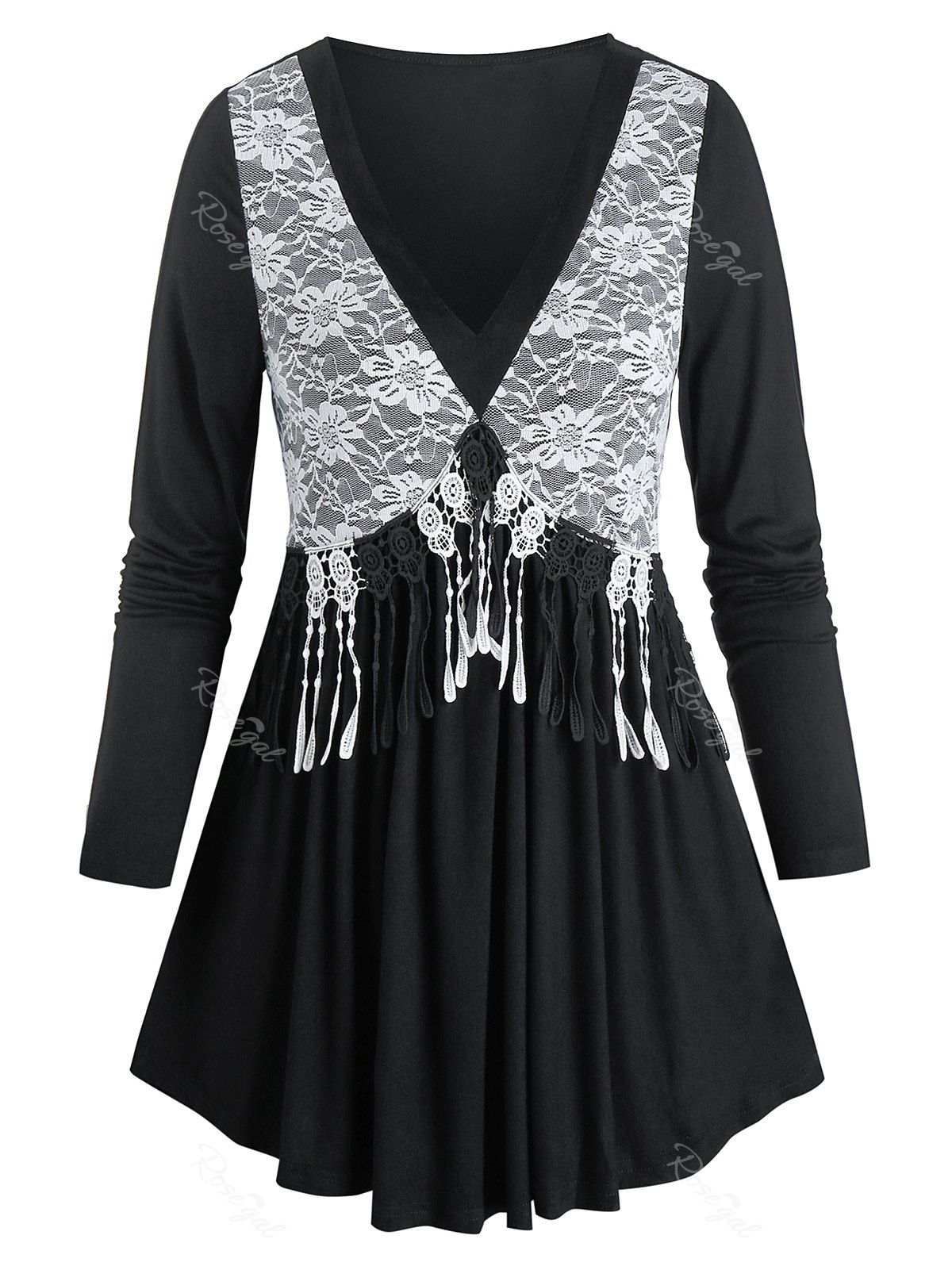

Colorblock Lace Panel Fringe Pleated T-shirt, Black