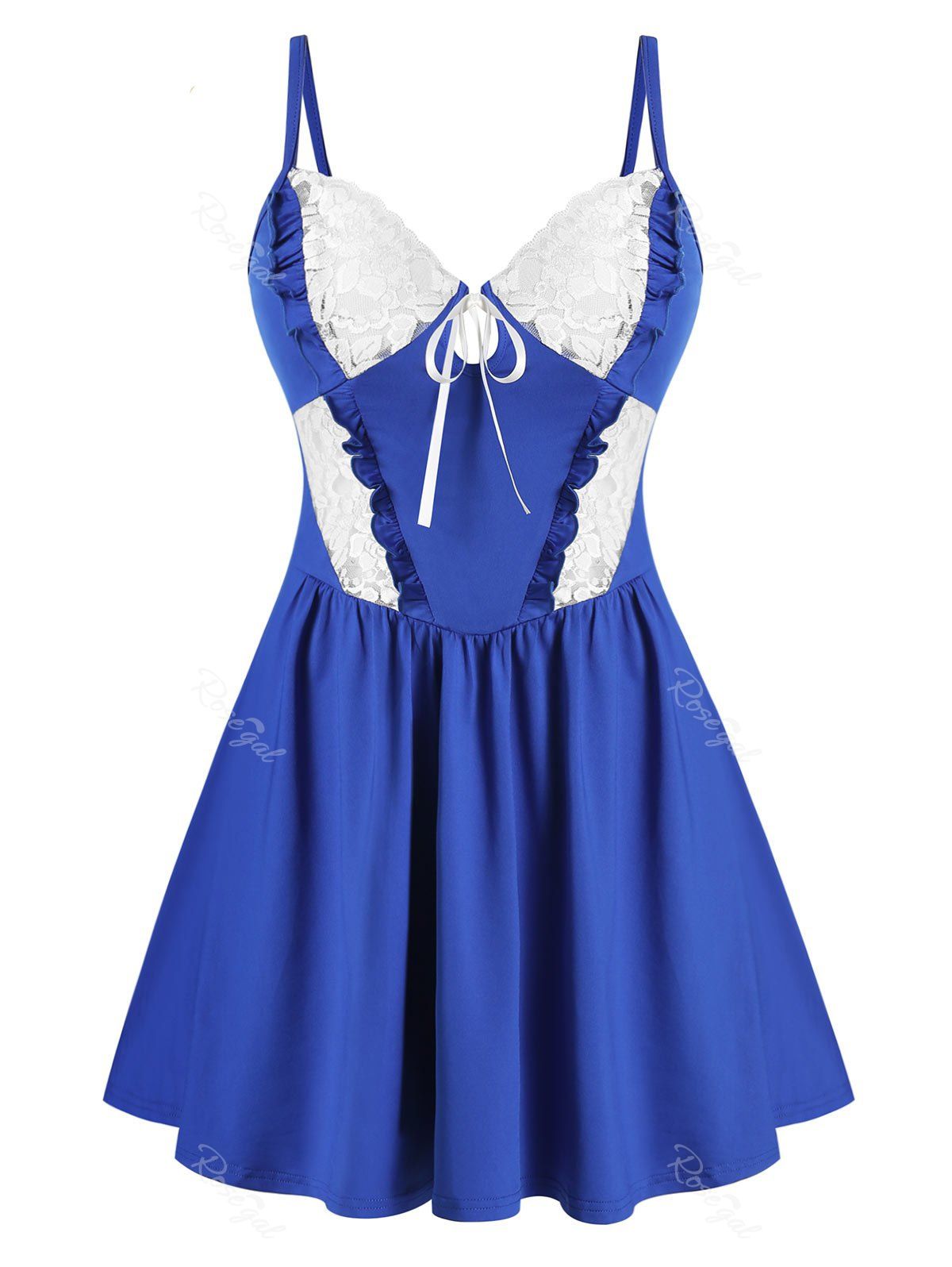 

Plus Size Ruffled Lace Insert Babydoll Set, Cobalt blue