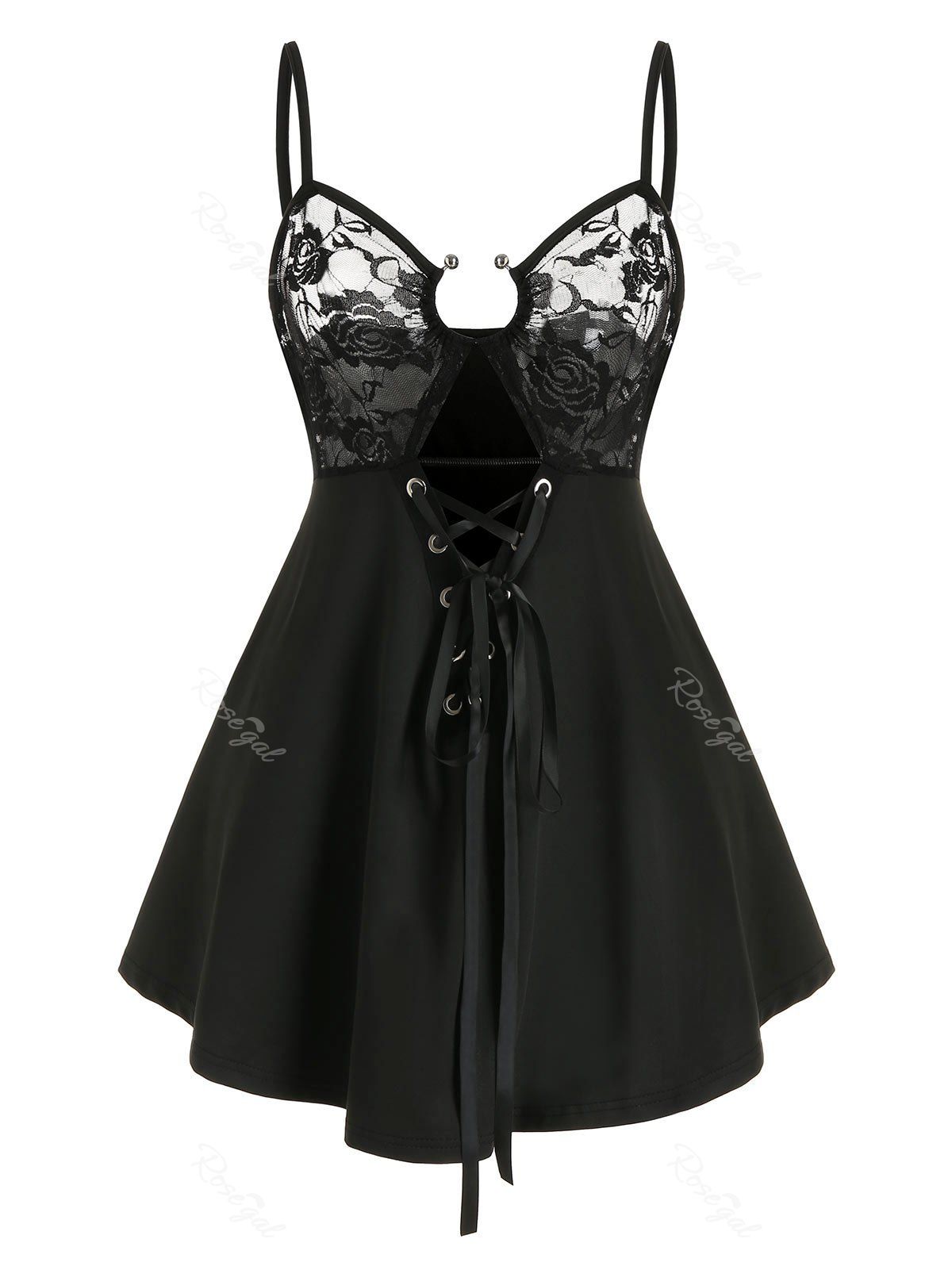 

Plus Size Cutout Lace Up Lace Insert Babydoll Set, Black