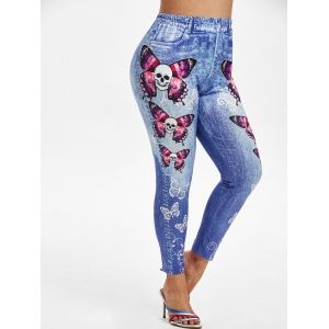 

Plus Size Halloween Skull Butterfly Print Jeggings, Light blue