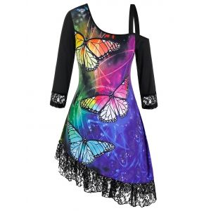 

Plus Size Asymmetric Lace Insert Butterfly Print T Shirt, Black
