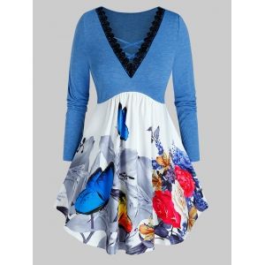 

Plus Size Butterfly Flower Crisscross Crochet Curved Hem Tee, Cornflower blue