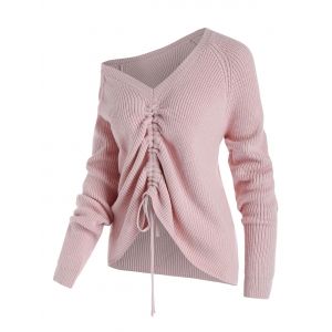

Plus Size Skew Collar Cinched Tie Raglan Sleeve Sweater, Light pink