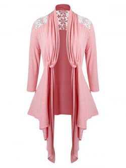 Plus Size Lace Insert Twisted Open Front Asymmetrical Cardigan - FLAMINGO PINK - 1X