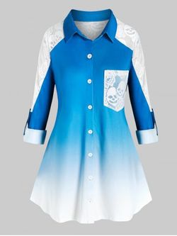 Plus Size Ombre Skull Lace Pocket Roll Tab Sleeve Tunic Shirt - DENIM BLUE - 5X