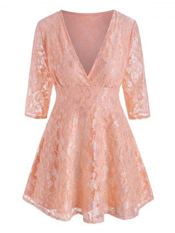 Plus Size Plunge Lace Blouse - LIGHT ORANGE - 1X