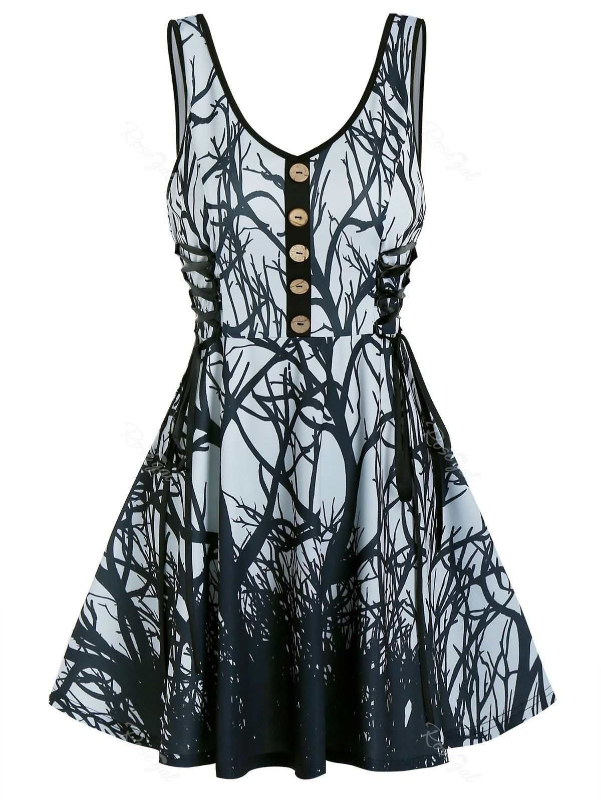 Sale Sleeveless Tree Print Lace-up Mini Dress  