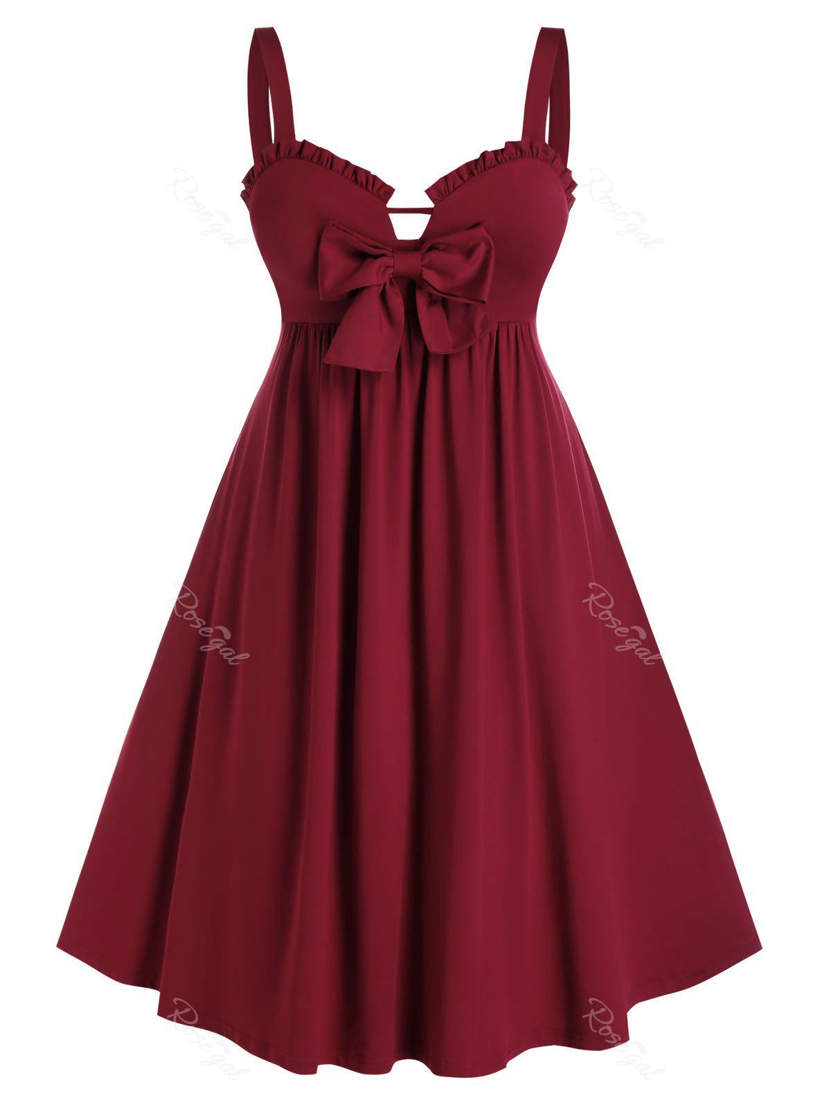 

Plus Size Ruffle Bowknot Pin Up Dress, Red wine