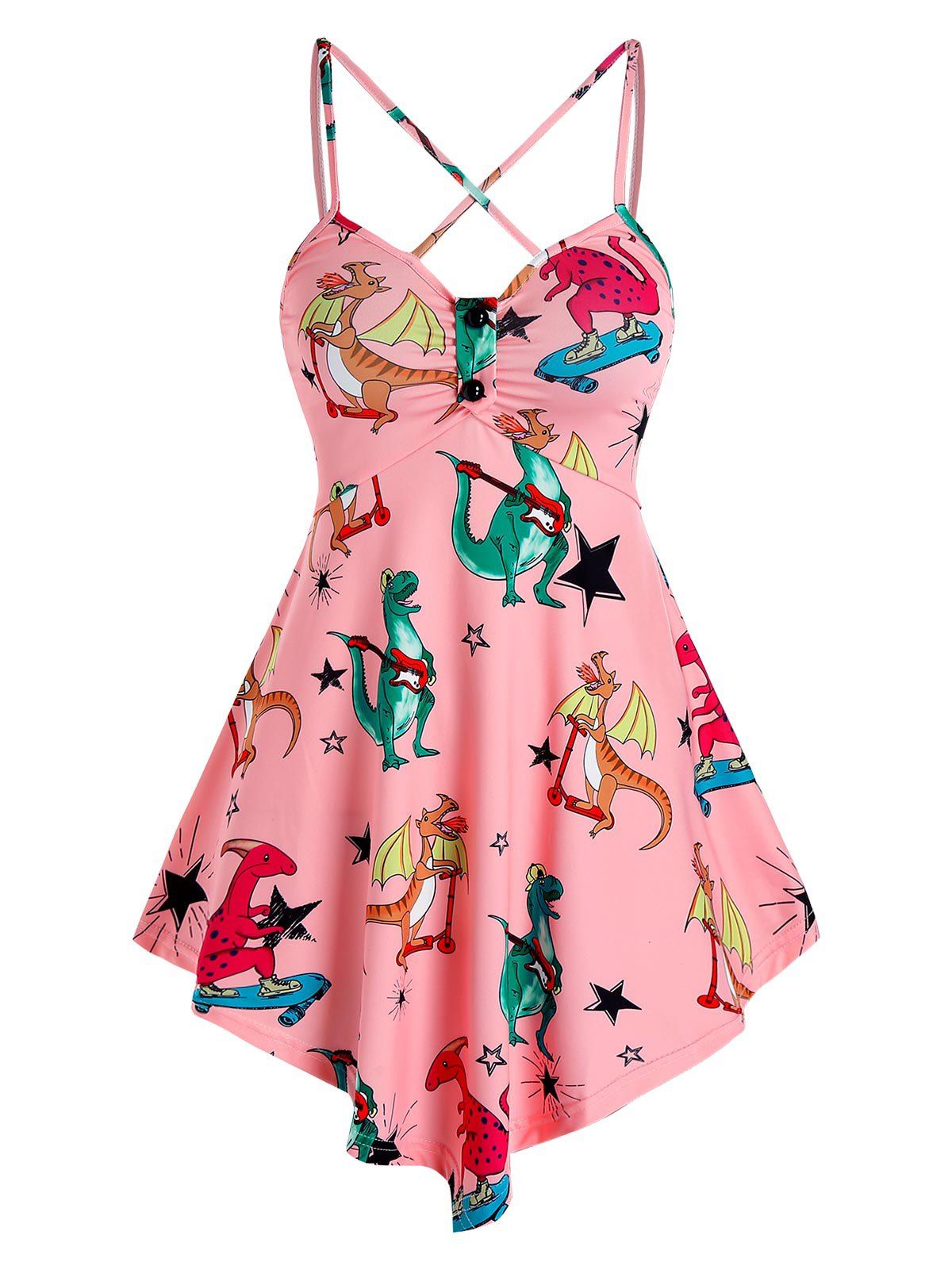 

Cartoon Dinosaur Print Pointed Hem Cami Top, Pink