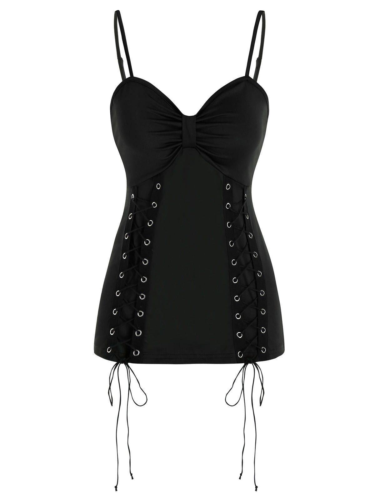 

Plain Lace Up Ruched Cami Tank Top, Black