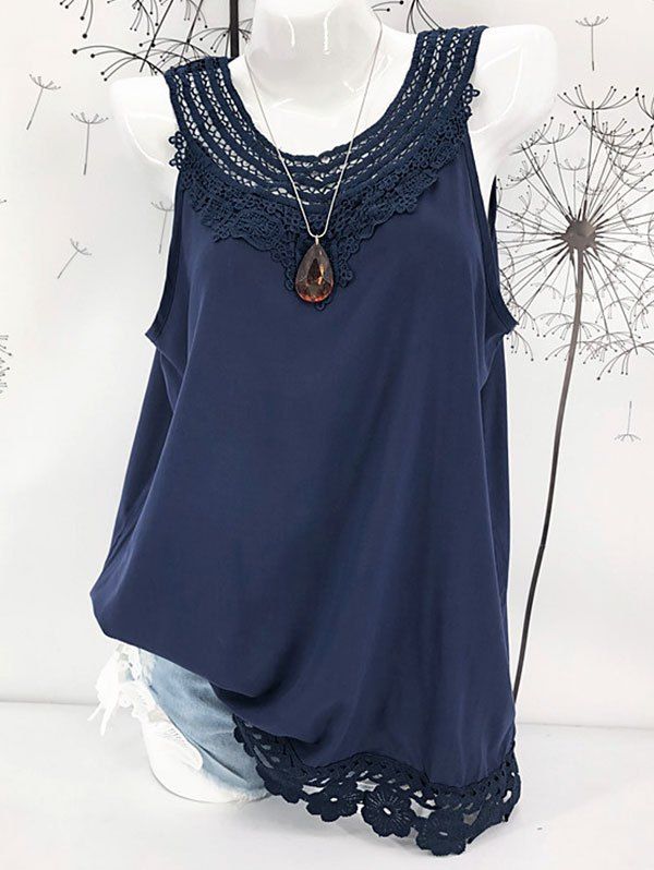 

Crocheted Lace Panel Tank Top, Deep blue