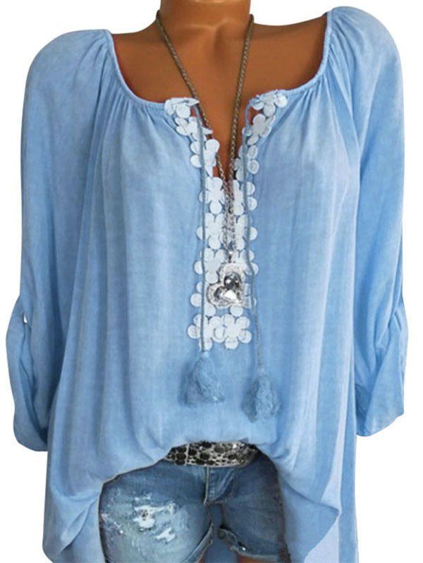 

Lace Applique Tassel Long Sleeve Blouse, Light blue