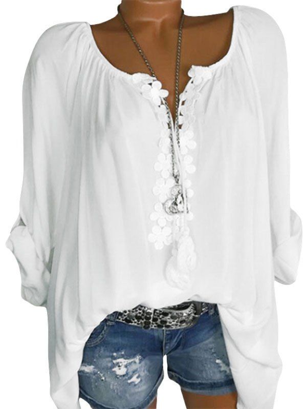 

Lace Applique Tassel Long Sleeve Blouse, White