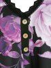 T-shirt Fleur Boutonné Panneau au Crochet à Ourlet Courbe de Grande Taille - Noir 4X