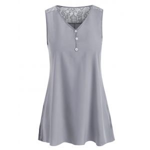 

V Neck Lace Panel Silky Side Slit Tunic Top, Gray