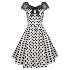 

Lace Panel Tied Cap Sleeve Polka Dot Vintage Dress, White