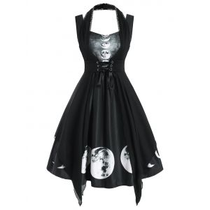

Sweetheart Lunar Eclipse Print Dress with Lace Panel Corset, Black