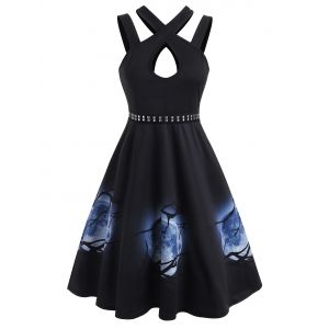 

Halloween Moon Tree Print Rivet Keyhole Dress, Black