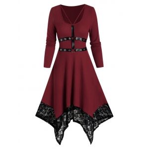 

Grommet Cage Strap Lace Hem Asymmetrical Dress, Red wine