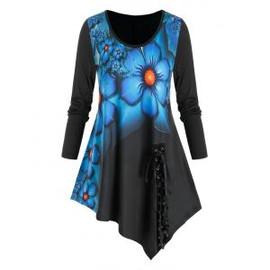 

Plus Size Asymmetrical Lace-up Flower Long Sleeve Tee, Deep sky blue