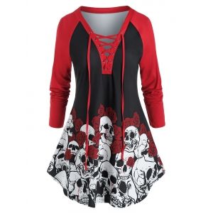 

Plus Size Halloween Skull Flower Lace-up Curved Hem Tee, Black