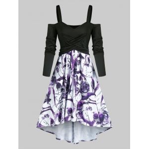

Crisscross Floral Print Cold Shoulder Long Sleeve Dress, Black