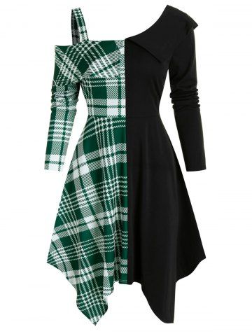 Contraste Cold Shoulder tela escocesa vestido asimétrico Panel - DEEP GREEN - L