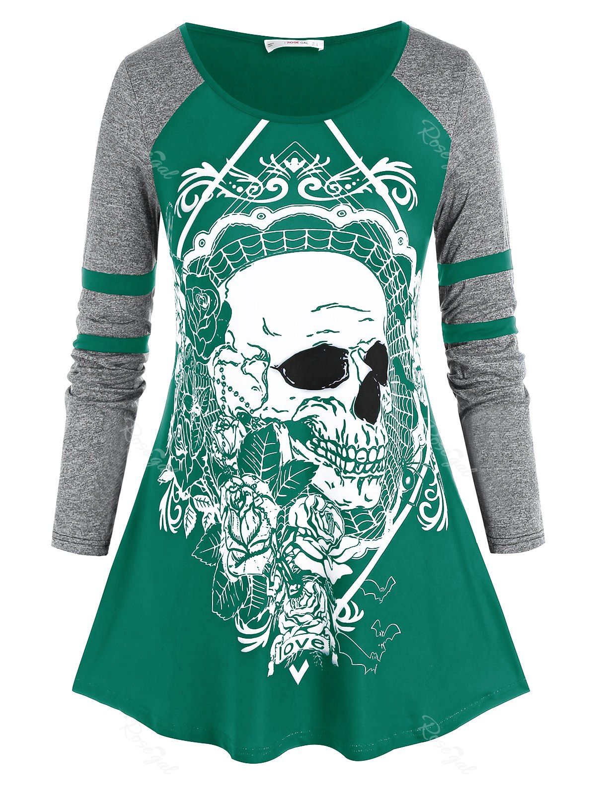 

Plus Size Halloween Skull Flower Pattern Tunic Tee, Deep green