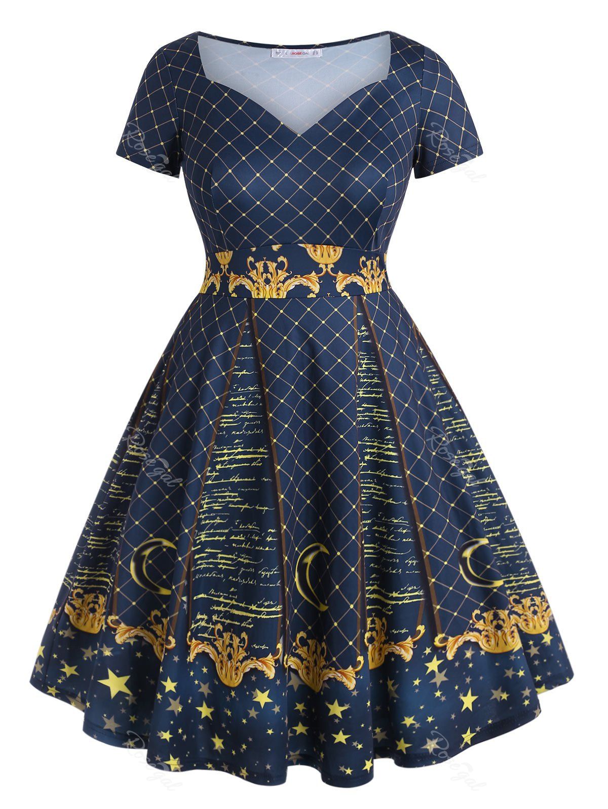 

Sweetheart Checked Star Printed Plus Size Dress, Deep blue